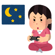 徹夜でゲームをする人のイラスト（女性）