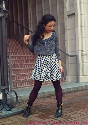 OOTD black and white houndstooth skirt and gray sweater