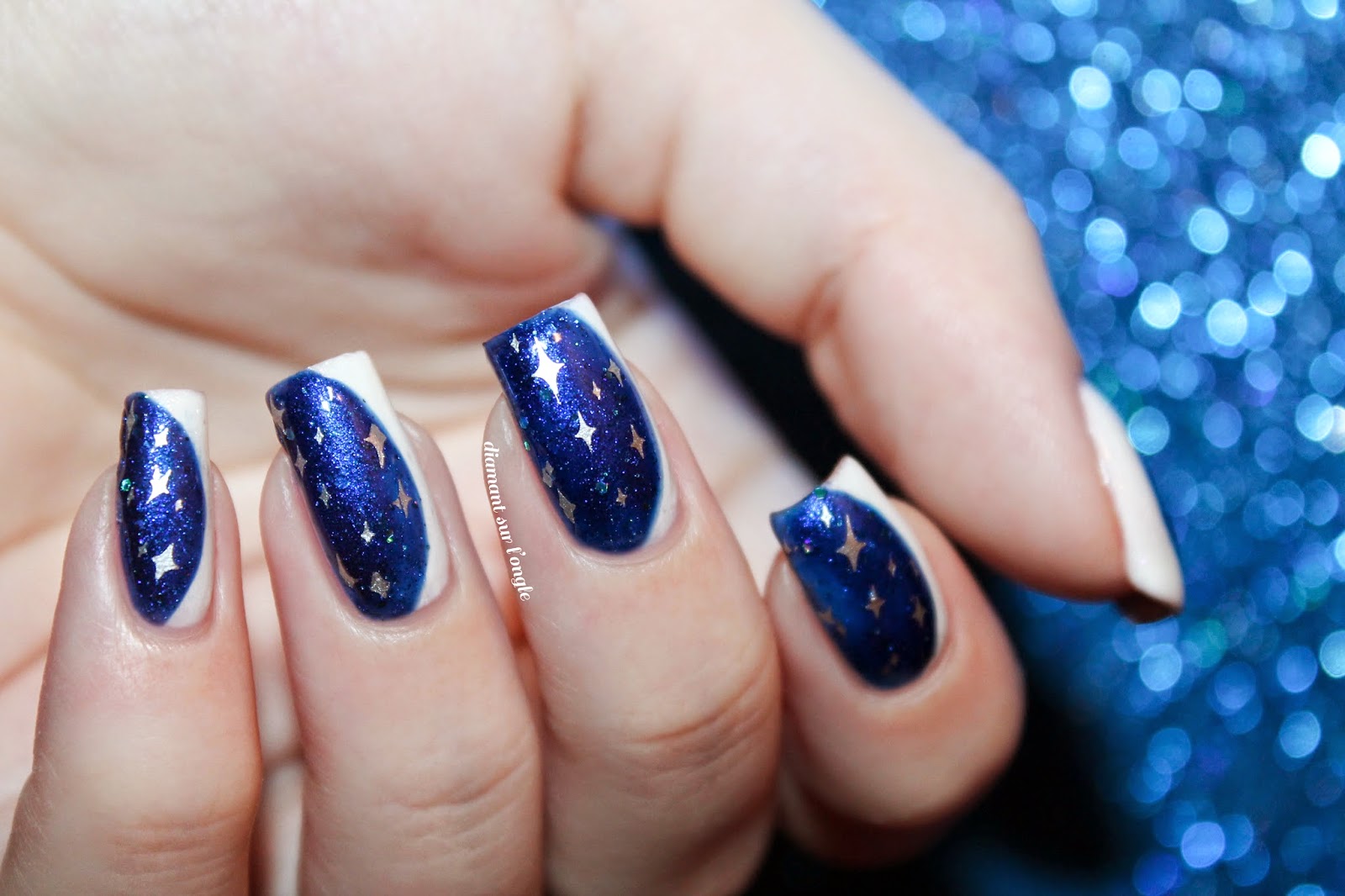 side white and blue galaxy french nail art