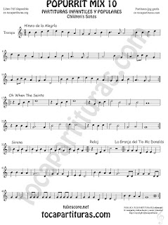  Mix 10 Partitura de Trompa y Corno Francés en Mi bemol Himno de la Alegría. Oh When the Saints, Sirena, Reloj y La Granja del Tio Gilito Popurrí Mix 10 Sheet Music for French Horn Music Scores