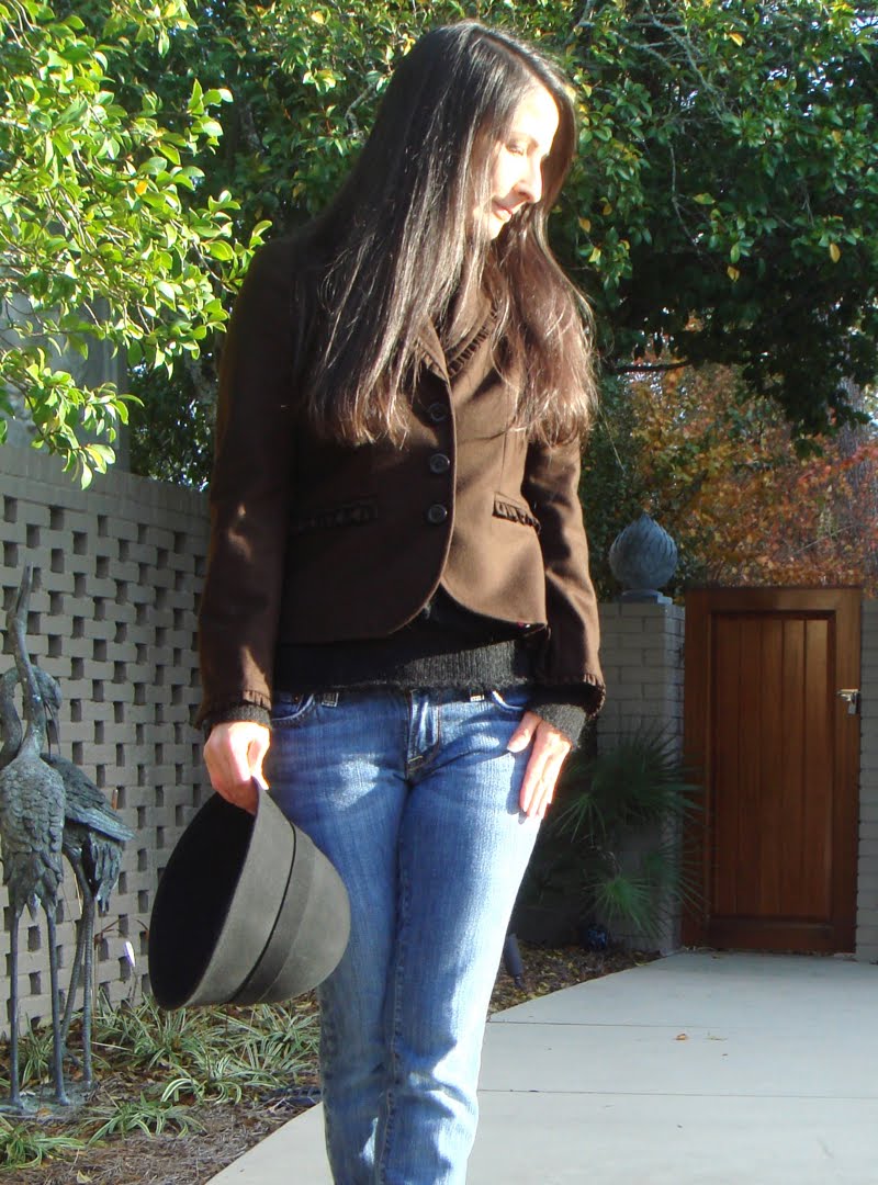Hat Day Outfit - with hat off. Hat Day Outfit - up close top part of body with hat off and frizzy hair.