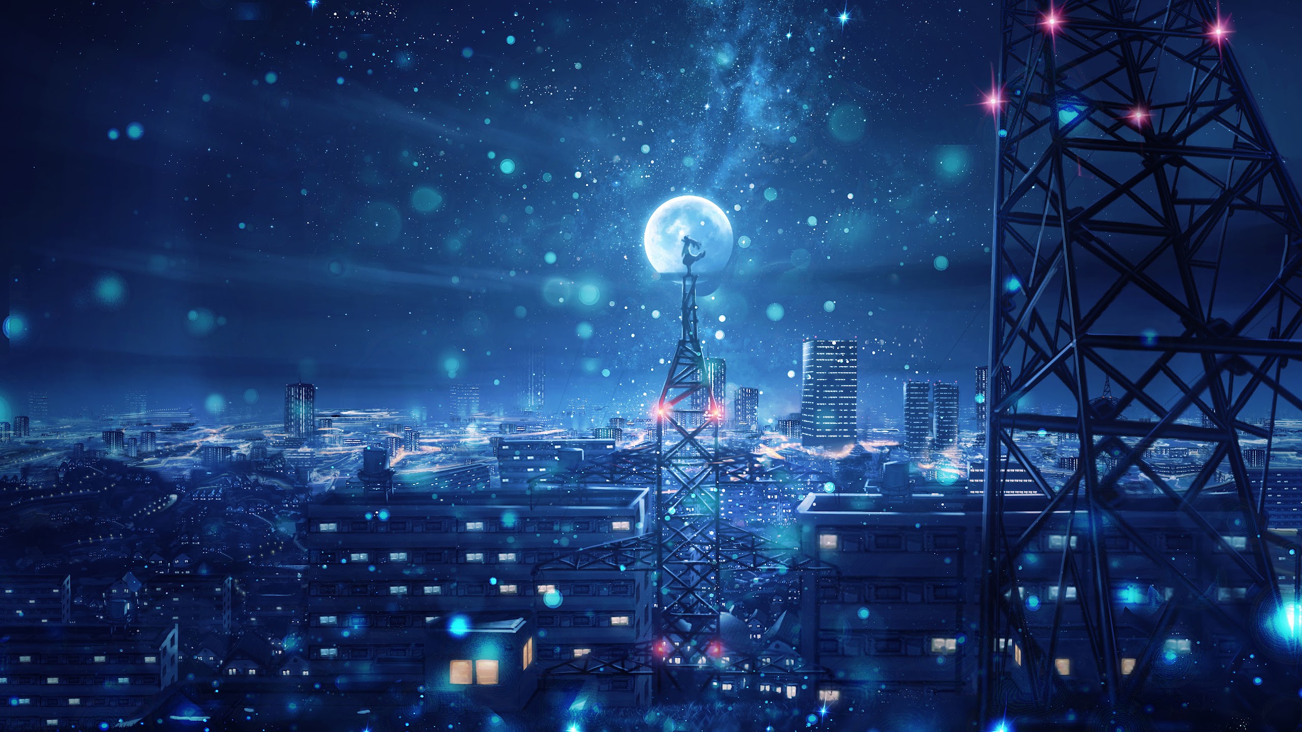 Night Sky City Stars Anime Scenery 4k Wallpaper 135