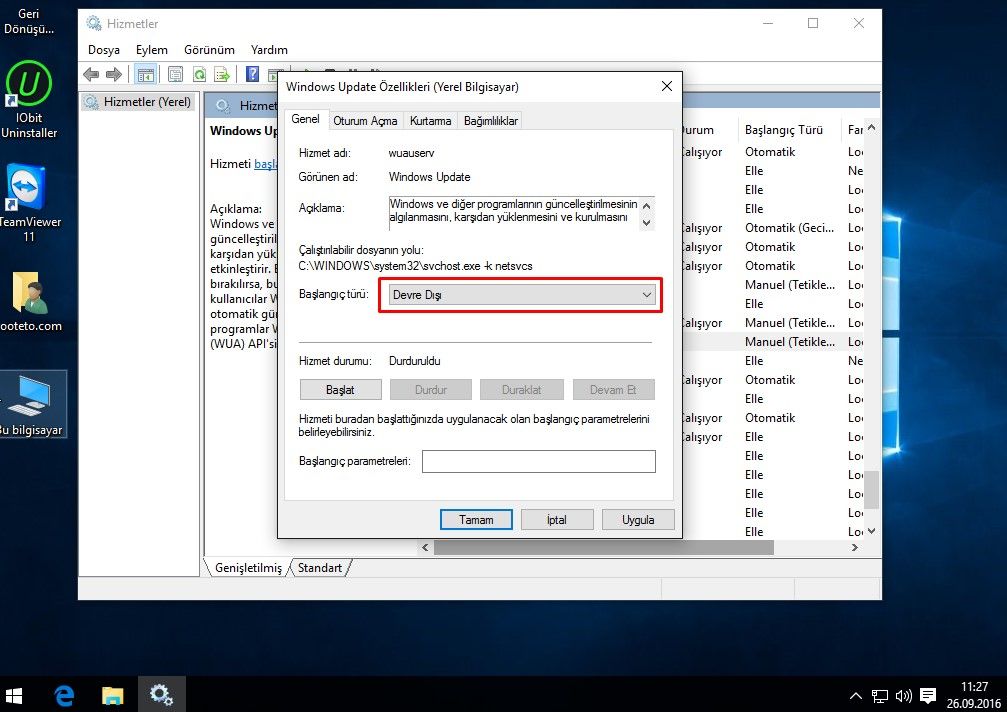 windows 10 otomatik guncelleme devre disi