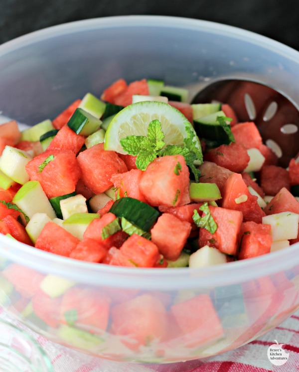 Easy Summer Fruit Salad | by Renee's Kitchen Adventures - a healthy and easy recipe for watermelon, apples, and cucumber accented with lime and mint.  So refreshing!