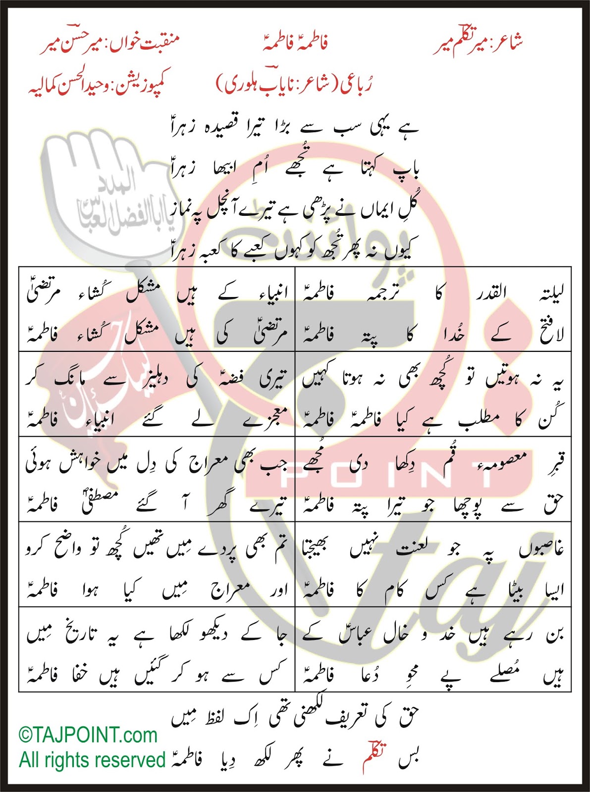 Fatima Fatima Lyrics In Urdu and Roman Urdu TAJpoINT Nohay Manqabat