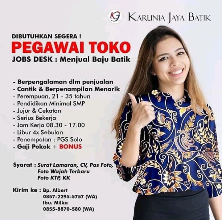 Lowongan Pegawai Toko Di Karunia Jaya Batik Di Pgs Solo Bursa Lowongan Kerja