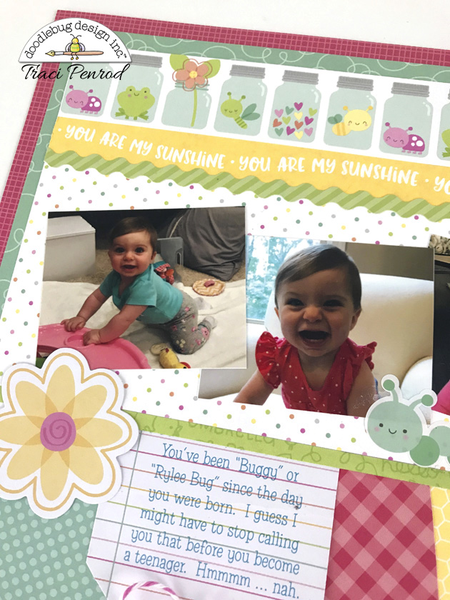 Happy Spring Scrapbook Layout with flowers, jars, & bugs