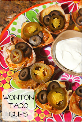 Fiesta Wonton Taco Cups- crunchy mini taco cups perfect for a kid friendly dinner or party finger food!