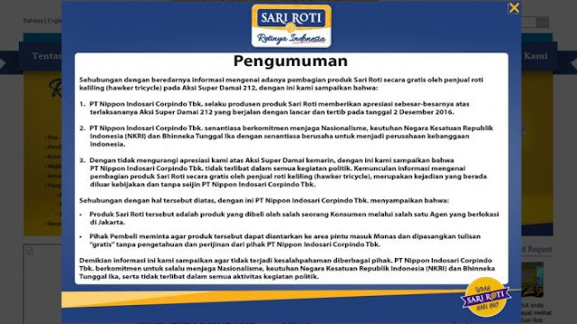 Hapus Klarifikasi di Situs Resmi Mengenai Aksi 212, Website Sari Roti Dalam Perawatan Hapus Klarifikasi di Situs Resmi Mengenai Aksi 212, Website Sari Roti Dalam Perawatan