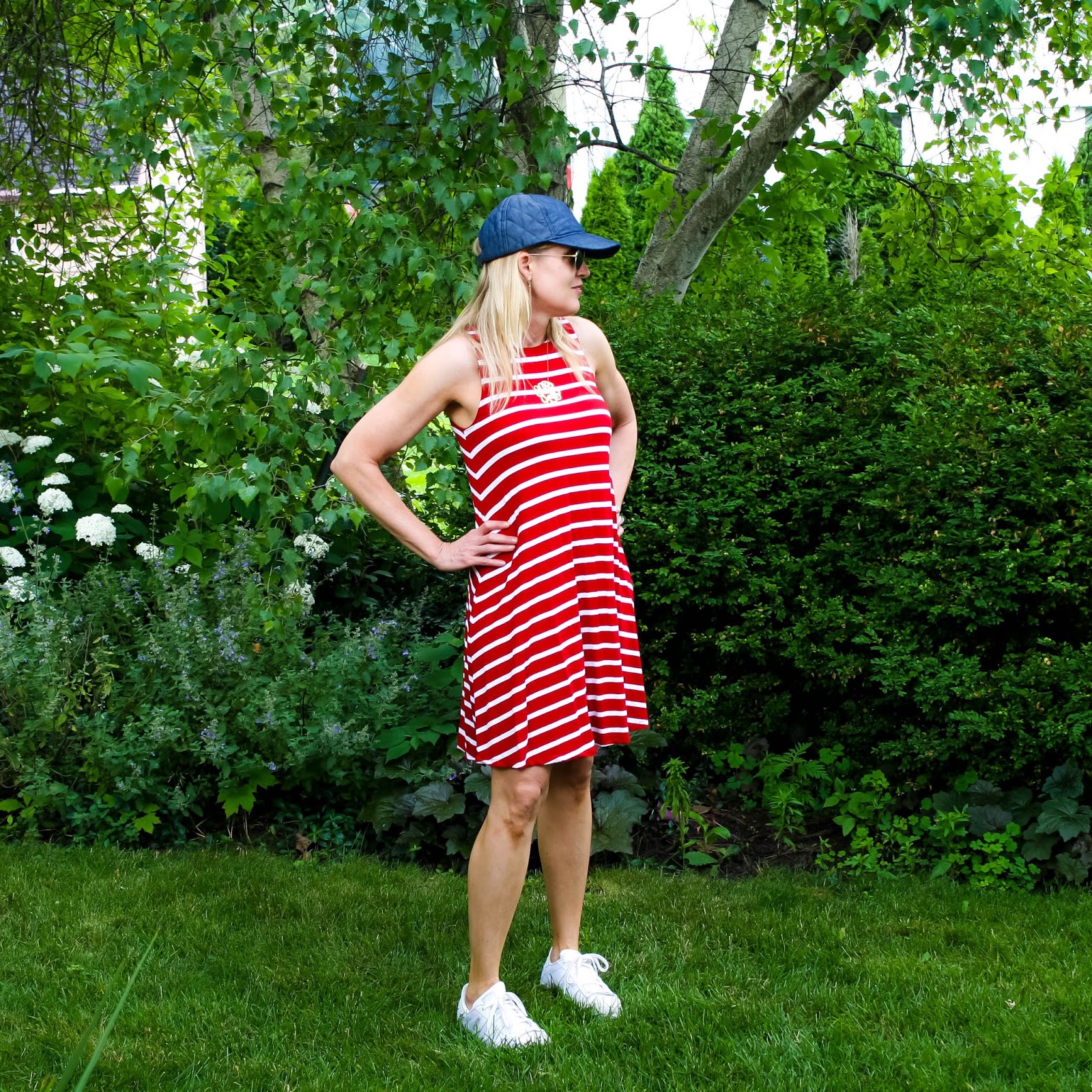 sleeveless red striped dress