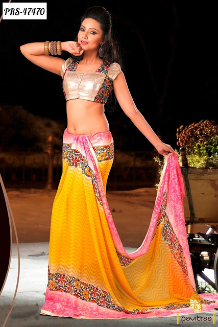 Diwali festival discount offer and deals on yellow georgette embroidery saree online shopping at pavitraa.in