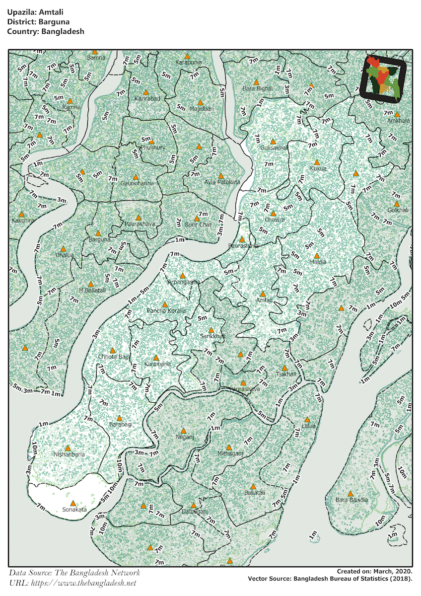  Amtali Upazila Elevation Map Barguna District Bangladesh