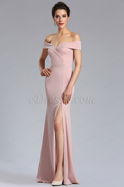 New Rose Pink Off Shoulder Slit Prom Evening Dress