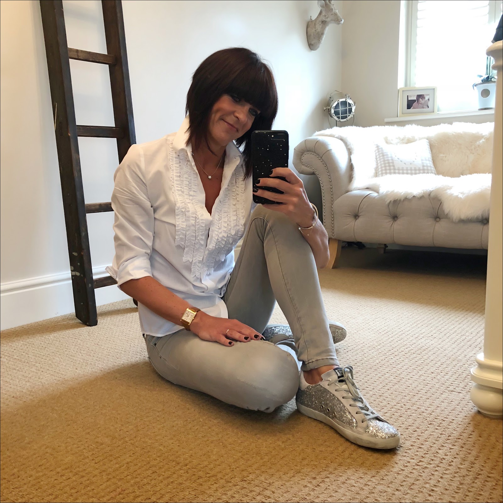 my midlife fashion, Hawes and curtis womens boutique white semi fitted Relaxed fit with frill detail, massimo dutti skinny grey jeans, golden goose superstar low top glitter trainers