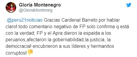Twitter Gloria Montenegro a favor de Barreto