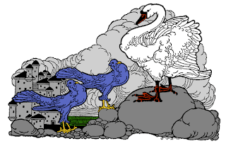 A line drawing, coloured, of a swan standing on a large stone telling a story to two other birds standing nearby. In the background is a castle near some farmland and some clouds. This image is meant to be symbolic of a GM leading a game session.