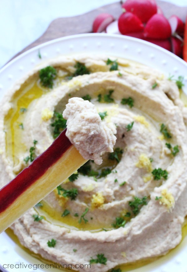 This is the best homemade garlic hummus recipe! It's super easy to make in your Instant Pot. The lemon and garlic flavors are perfect. This vegan recipe is also gluten free and perfect to serve with veggies. (#sponsored by Wild Harvest) #creativegreenliving #creativegreenkitchen #hummus #instantpot #instantpothummus #garlichummus #vegan #vegansnacks #glutenfree #freefrombad #wildharvest