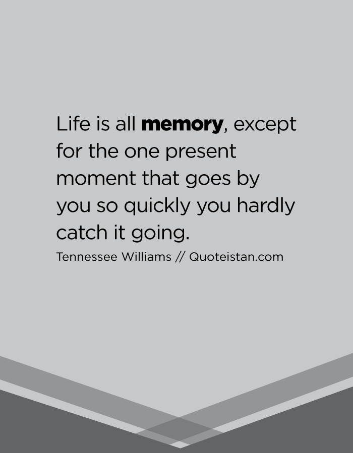 Life is all memory, except for the one present moment that goes by you so quickly you hardly catch it going.