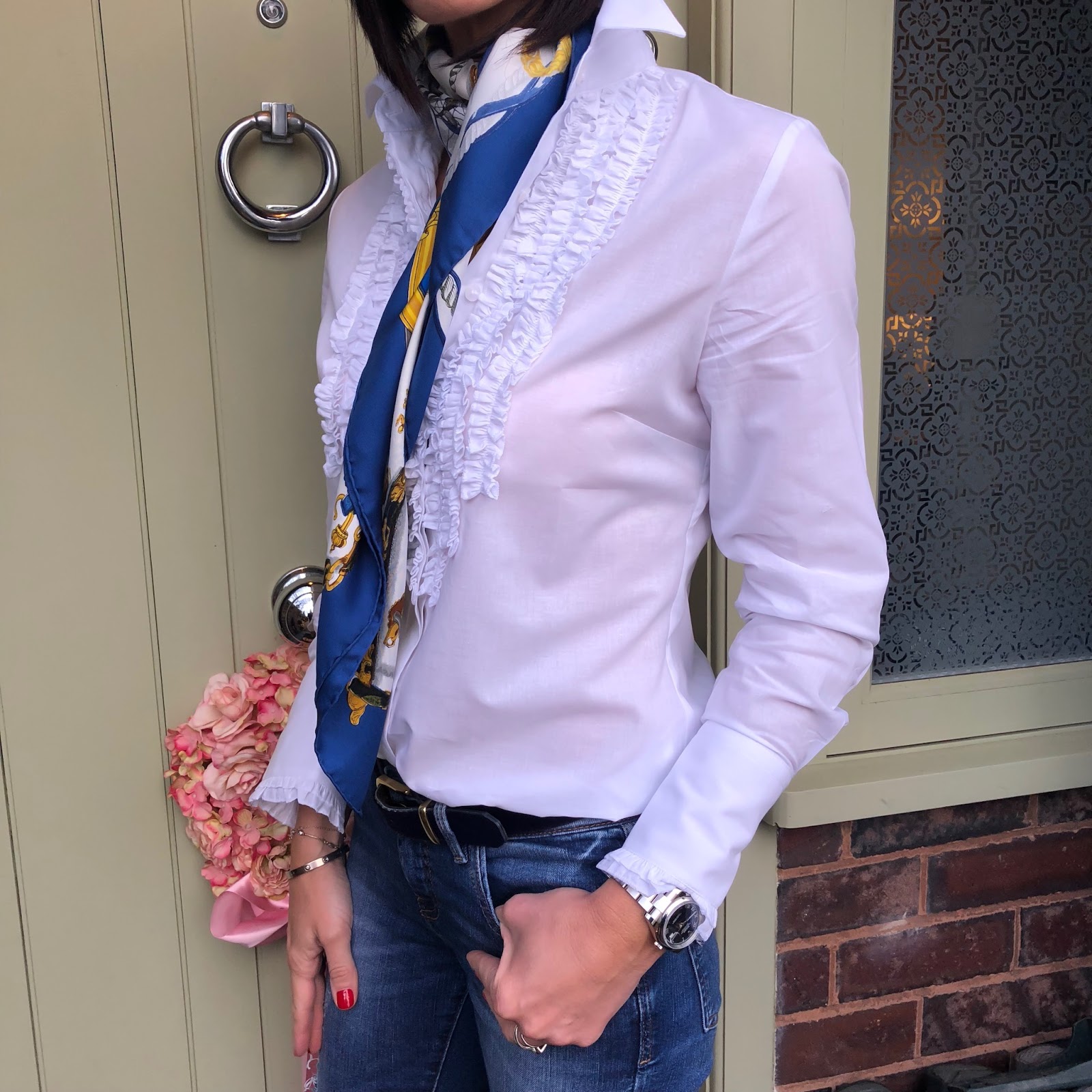 my midlife fashion, hawes and curtis madison felt fedora, hawes and curtis womens boutique white relaxed fit shirt with frill detailing, hermes silk scarf, j crew ponyskin leather belt, zara distressed skinny jeans, charlotte olympia kitty pointed flat shoes