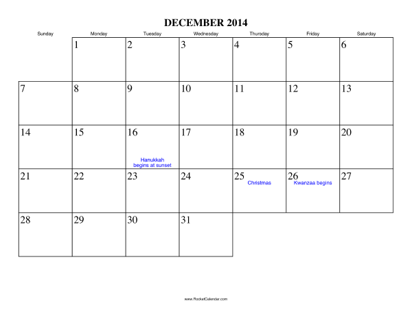 December 2014 Calendar Printable Excel - Printable Calendar 2014, Blank
