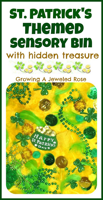 St. Patrick's Themed Sensory Bin With Hidden Treasure | Growing a Jeweled Rose St. Patrick's Themed Sensory Bin With Hidden Treasure. Click for more colorful #stpatrick sensory bins