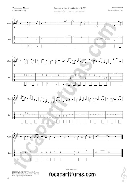 Hoja 2 Guitarra Tablatura y Partitura de Sinfonía Nº 40 Punteo Tablature Sheet Music for Guitar Tabs Music Scores PDF y MIDI aquí  Vídeo