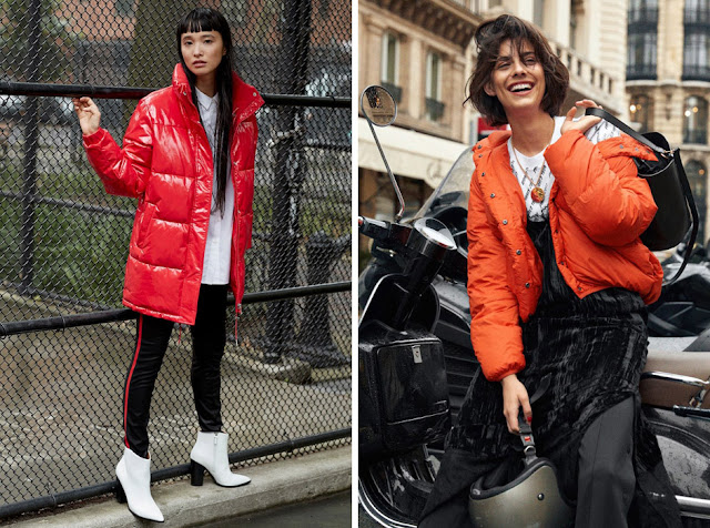 Девушка в ярких красном и оранжевом пуховике