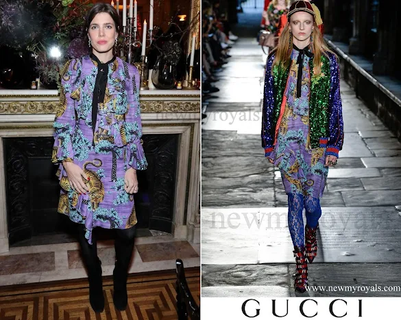 Charlotte Casiraghi wears Gucci Ruffled Floral-Print Silk Crepe Dress from Gucci Resort 2017 Collection