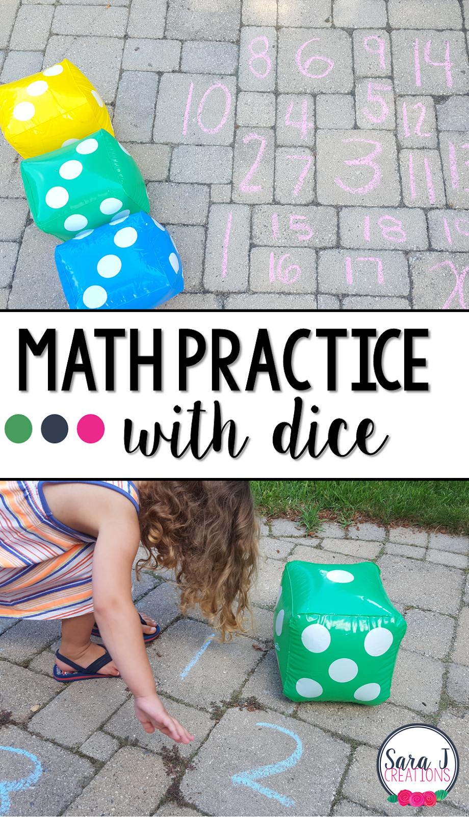 With dice and chalk, you've got an easy way to practice counting and addition outside in the summer. You could use the same concept and bring it into the house or classroom in the winter.