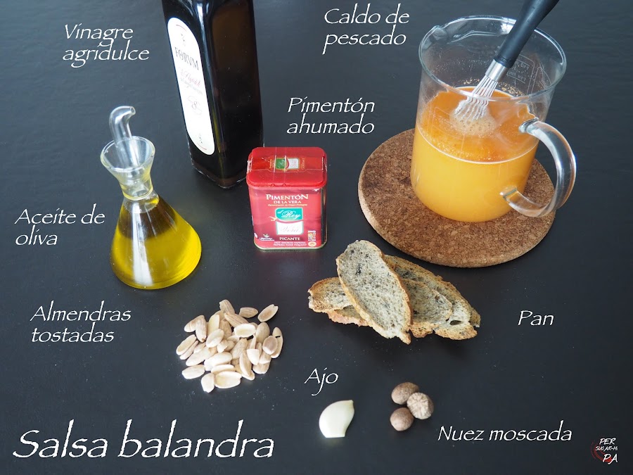 La salsa balandra, a base una picada de pan, frutos secos, ajo y pimentón, cocinada con aceite, vinagre y caldo de pescado, es una salsa marinera típica de la cocina catalana.