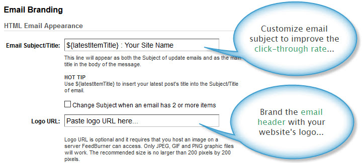 Email branding settings for Feedburner emails