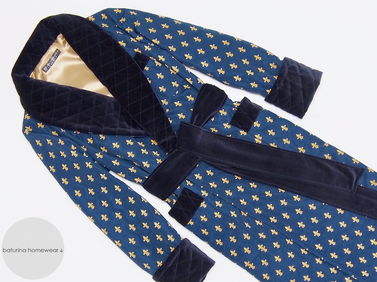 Men's Blue Dressing Gown, Warm Cotton and Silk Robe