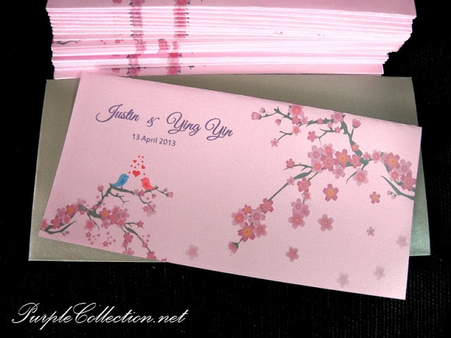 Sakura Pink Cherry Blossom Wedding , Sakura Pink Cherry Blossom, Sakura, Pink, Cherry Blossom, Wedding, Love Bird Wedding Card, Pearl Silver Envelope, Pearl Grey Envelope, Japanese sakura wedding card