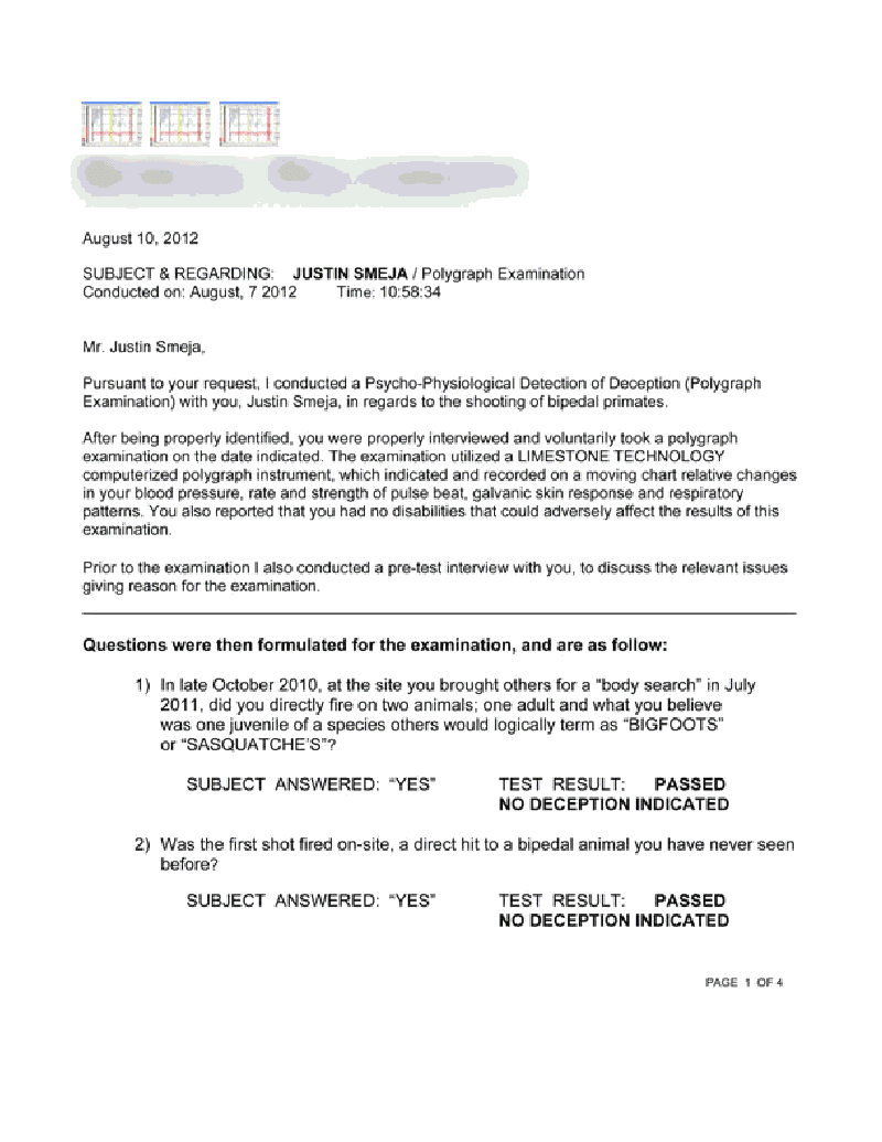 Justin Smeja's Official Polygraph Examination Report