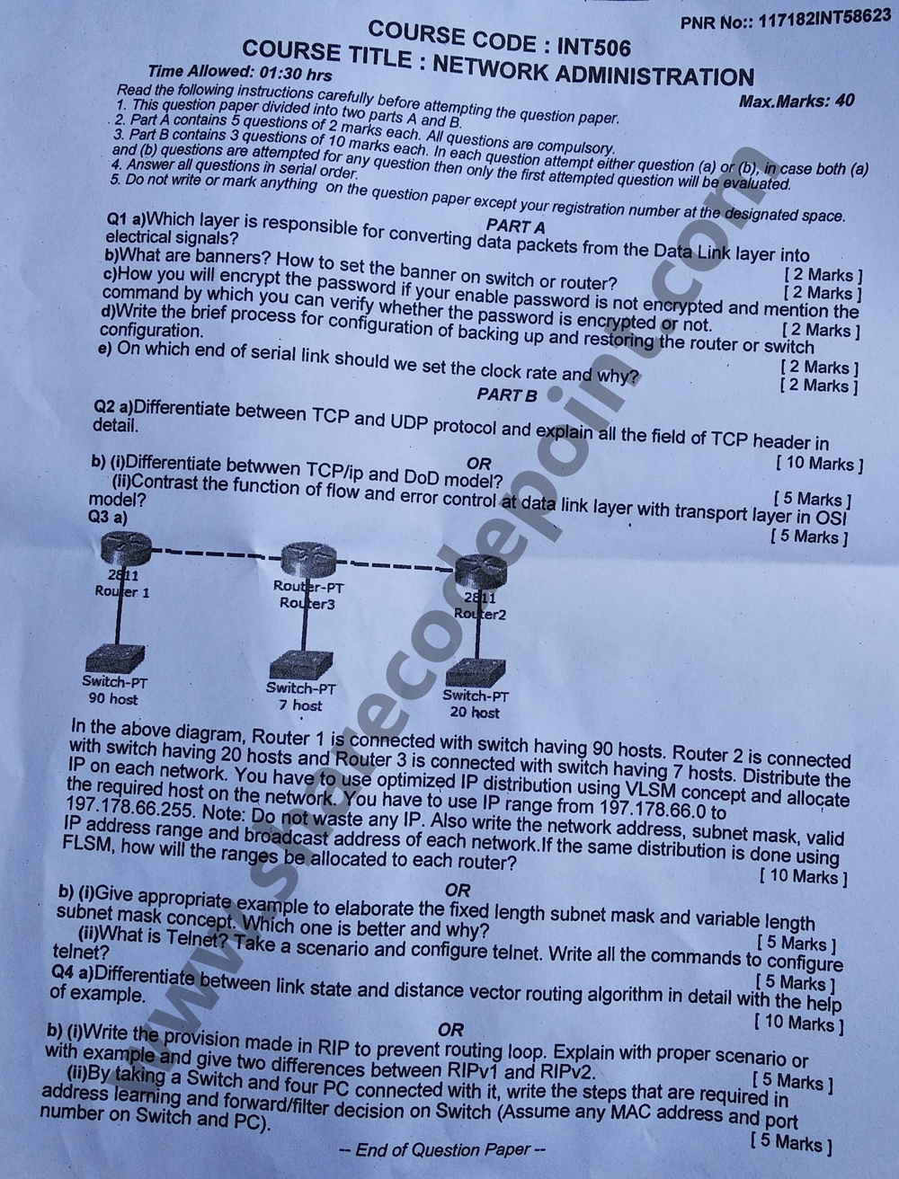 INT506 Network Administrations Mid Term Exam Question Paper INT 506