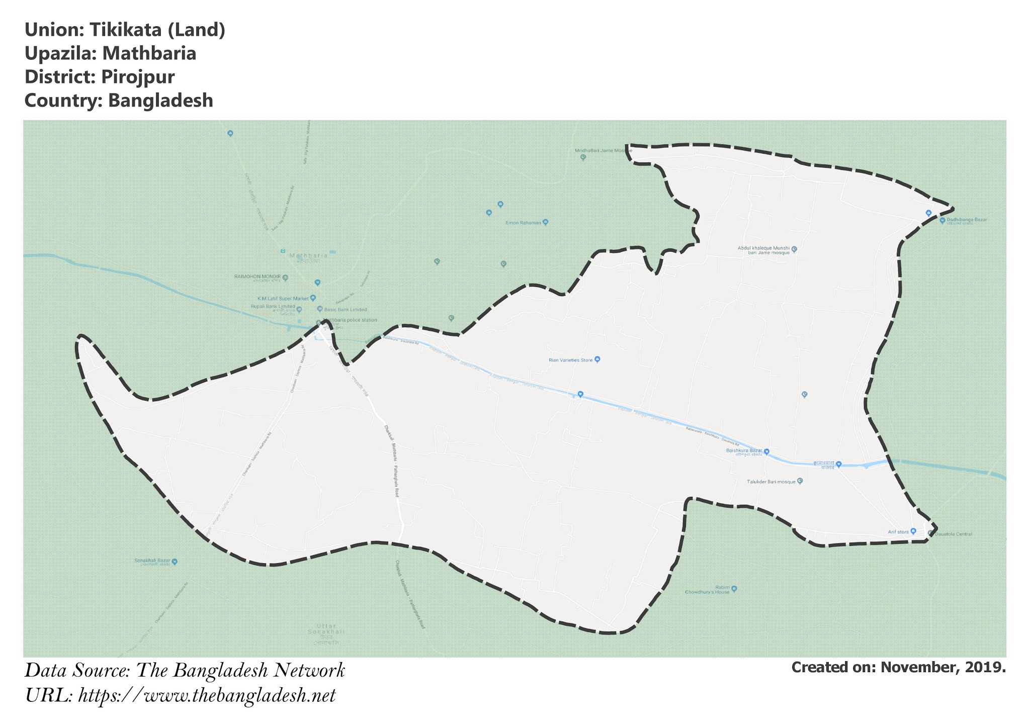 Map of Tikikata of Pirojpur, Bangladesh.