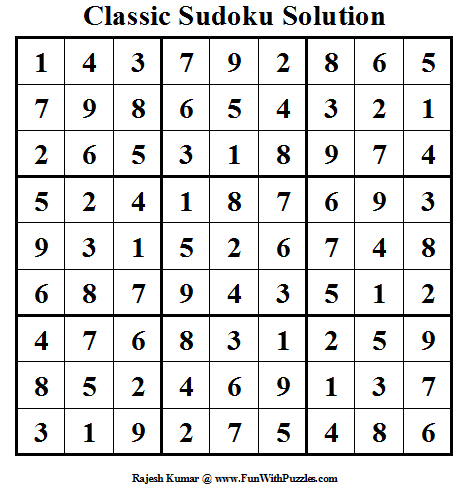 Classic Sudoku  (Fun With Sudoku #16) Solution
