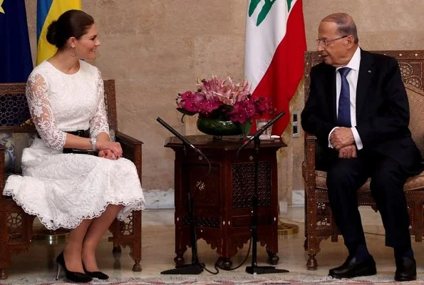 Crown Princess Victoria wore By Malina lace dress. Prime Minister Saad Hariri, at Grand Serail. Lebanese President Michel Aoun