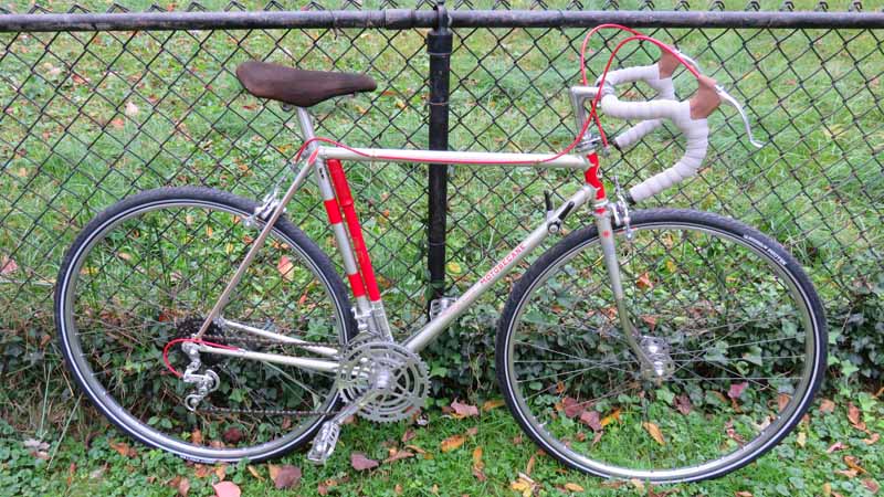 Silver and Red Bicycle with fence in background