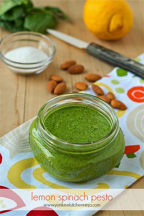 Quick and easy lemon spinach pesto made with almonds -- enjoy on pasta, pizza, crostini and more
