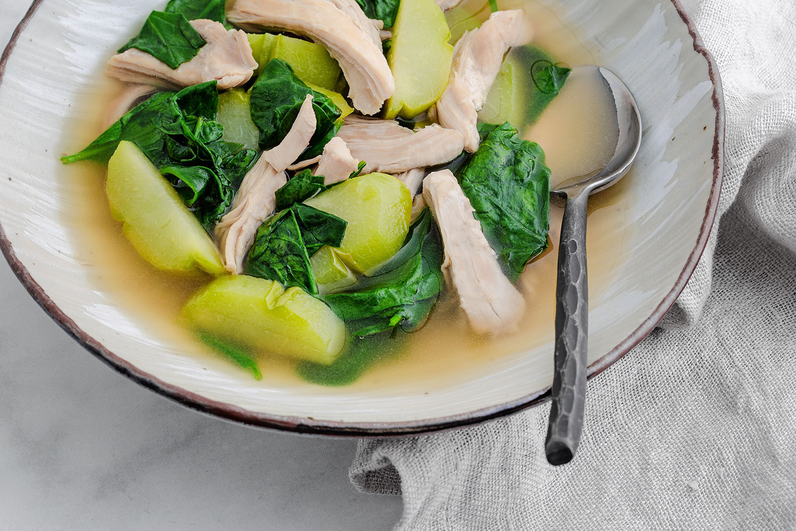 Chicken Ginger Soup with Chayote & Spinach