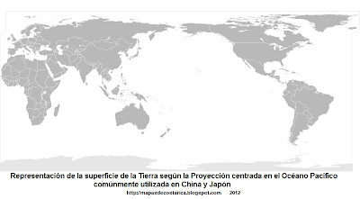  5. Representacion de la superficie de la Tierra segun la Proyección centrada en el Océano Pacífico, comúnmente utilizada en China y Japón, 800 x 406 px