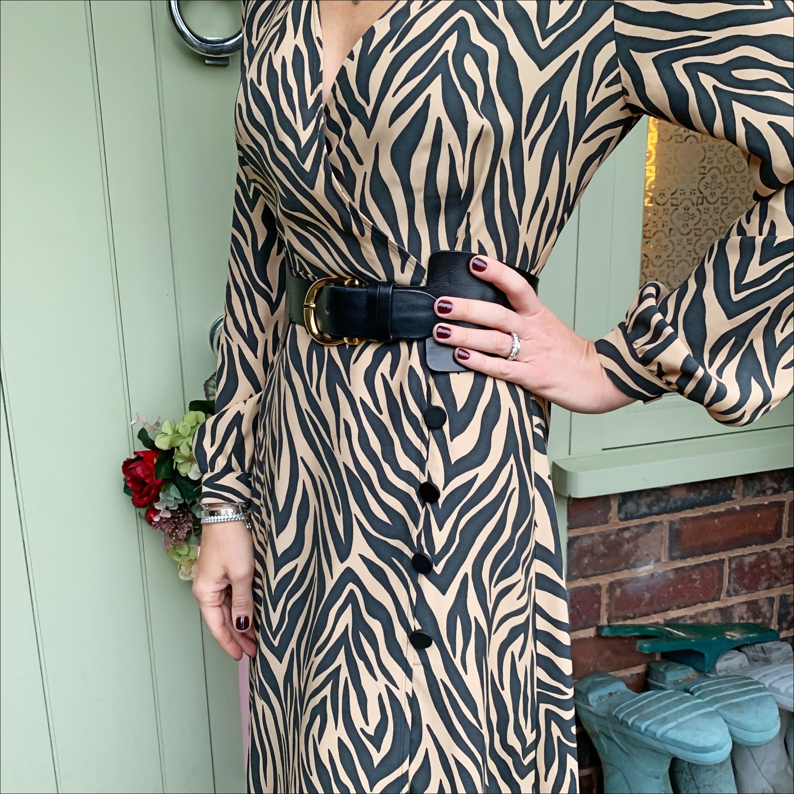 my midlife fashion, marks and spencer animal print long sleeve wrap midi dress, and other stories waist buckle belt, marks and spencer stiletto heel velvet ankle boots