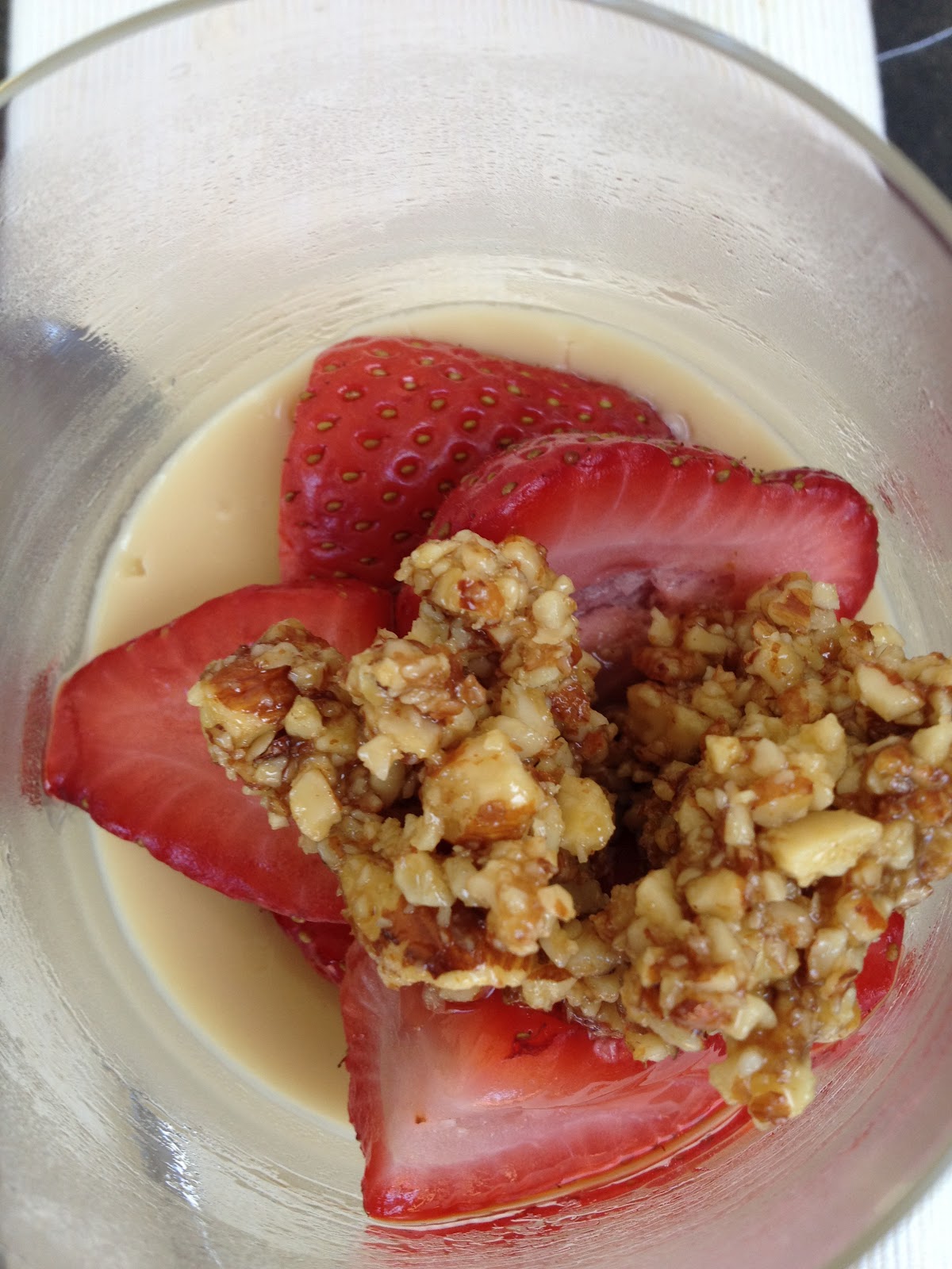 A New Hope Almond custard with roasted strawberries and almond toffee