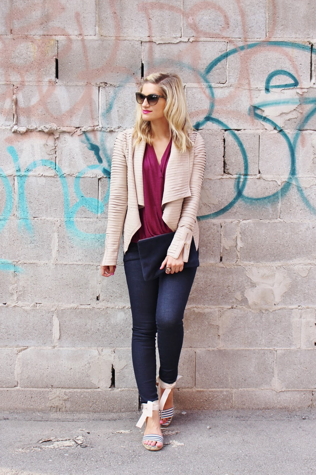 Bijuleni- Leather jacket, maroon top, skinny jeans and navy sandals
