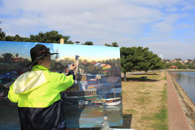 plein air painting of the Sydney Heritage Fleet from Blackwattle Bay painted by industrial heritage artist Jane Bennett