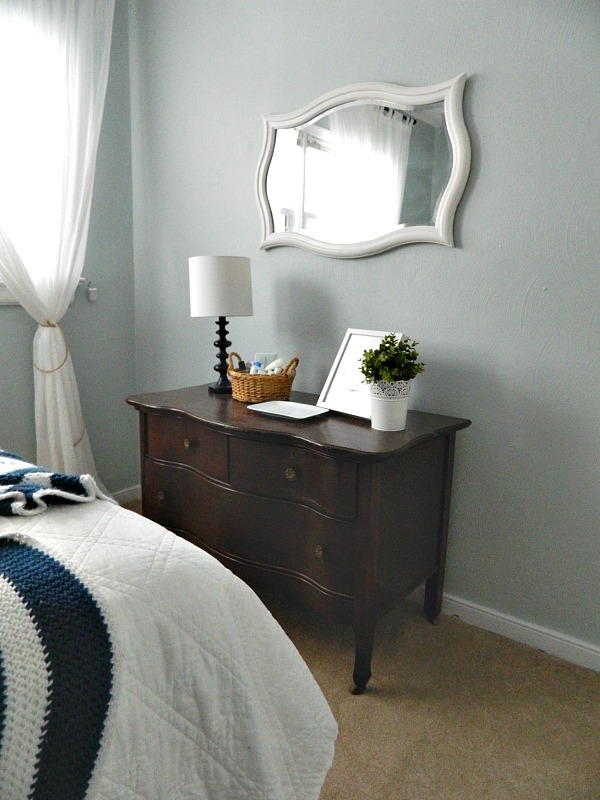 Valspar Woodlawn Sterling Blue paint wooden antique dresser nightstand white curtains white quilt bedding farmhouse nautical