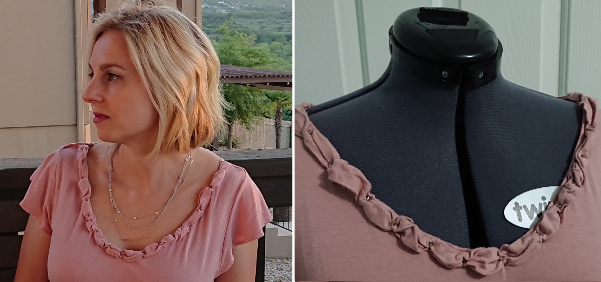 Sewing tshirt neckline variation with pins and beads