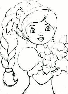 desenho de boneca com trança lateral e bouquet de rosas para pintar em tecido