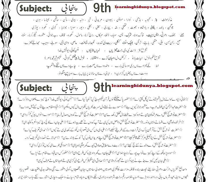 9th Punjabi Guess paper 2019 learning ki dunya